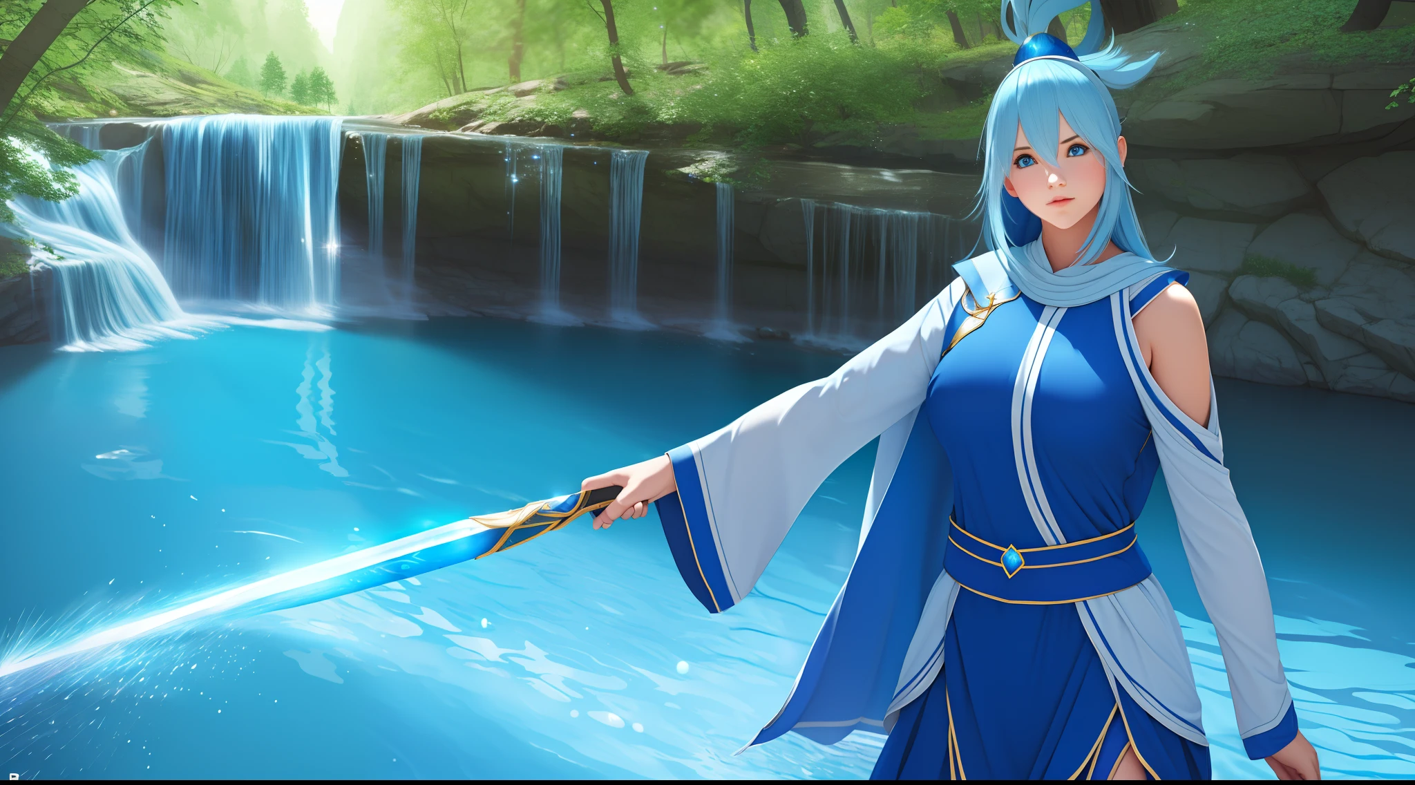 (focused upper body, 1 girl, wearing blue mage outfit, sparkling blue eyes, long light blue hair, river background), nice perfect face with soft skin, intricate detail, 8k resolution, masterpiece, 8k resolution photorealistic masterpiece, professional photography, natural lighting, detailed texture,