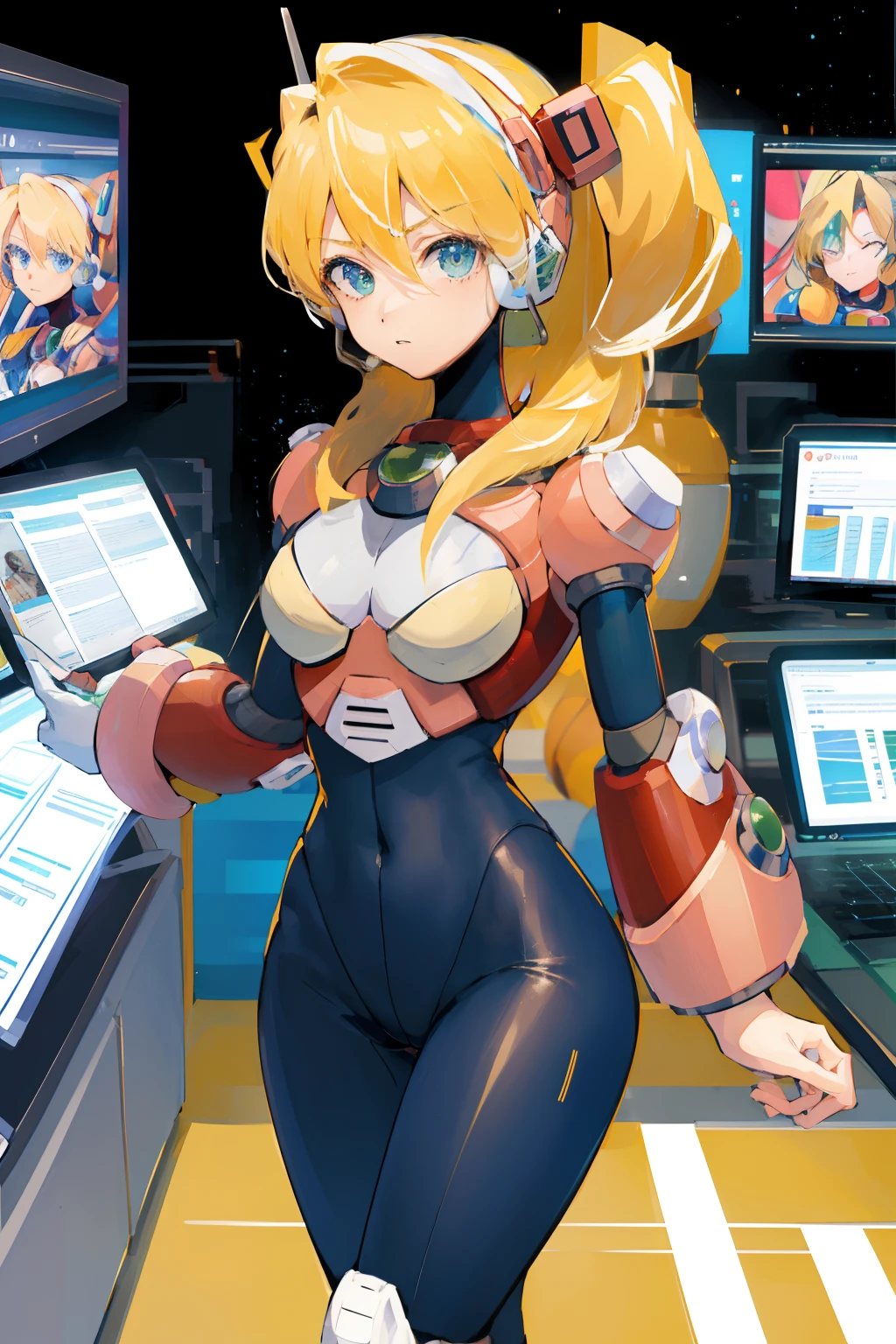 Alia_Megamanx, 1girl, sozinho, seios, olhos azuis, blonde hair, android, Cabelos Longos, robot ears, sentado na cadeira em frente ao computador, laboratory, master part, alta qualidade, hentai