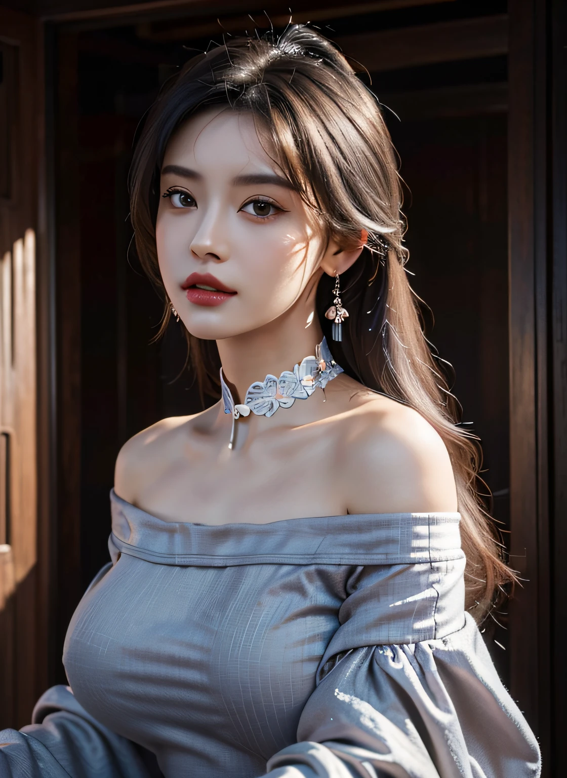 best quality, masterpiece, ultra high res, (photorealistic:1.4), 1girl, off-shoulder shirt, ((traditional chinese dress:1)), black choker, (faded ash gray hair:1), (huge breasts:1.2), looking at viewer, closeup,