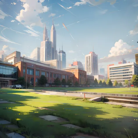 normal school, lawn, front view, daytime, city background, wide angle, no one