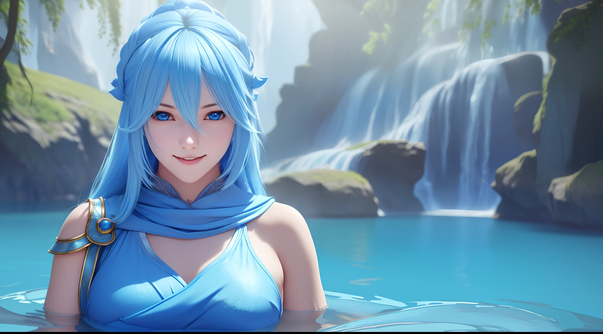 (focused upper body, 1 girl, slim body, smiling face, wearing blue mage outfit, winking blue eyes, long light blue hair, water background), nice perfect face with soft skin, intricate detail, 8k resolution, masterpiece, 8k resolution photorealistic masterpiece, professional photography, natural lighting, detailed texture,