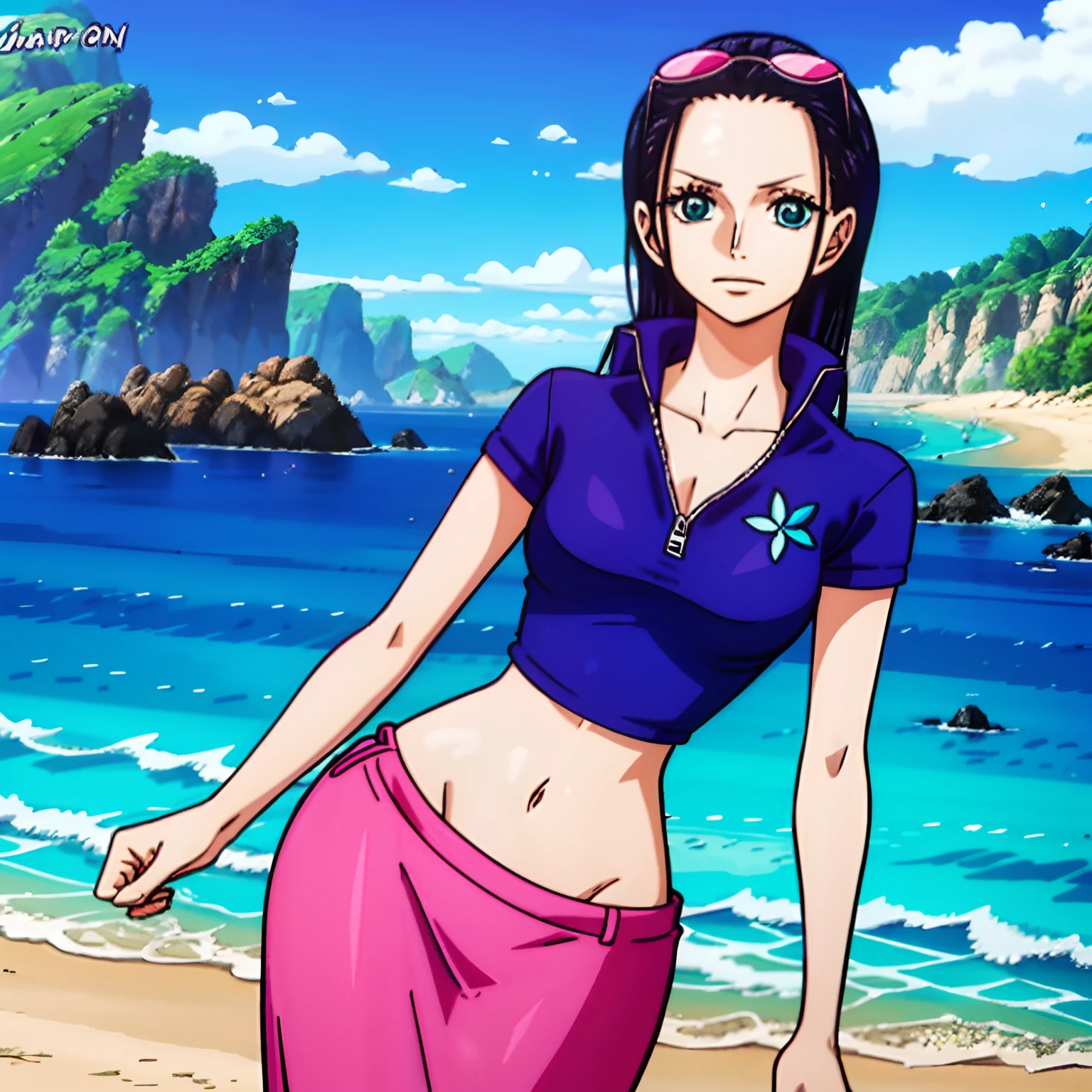 1girl, (shapely body), (solo), 30 years old,  hdr, beach, nico robin, priclothes, dark blue zip up short sleeve shirt, pink long skirt,