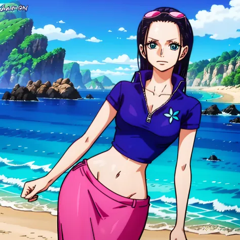 1girl, (shapely body), (solo), 30 years old,  hdr, beach, nico robin, priclothes, dark blue zip up short sleeve shirt, pink long skirt,