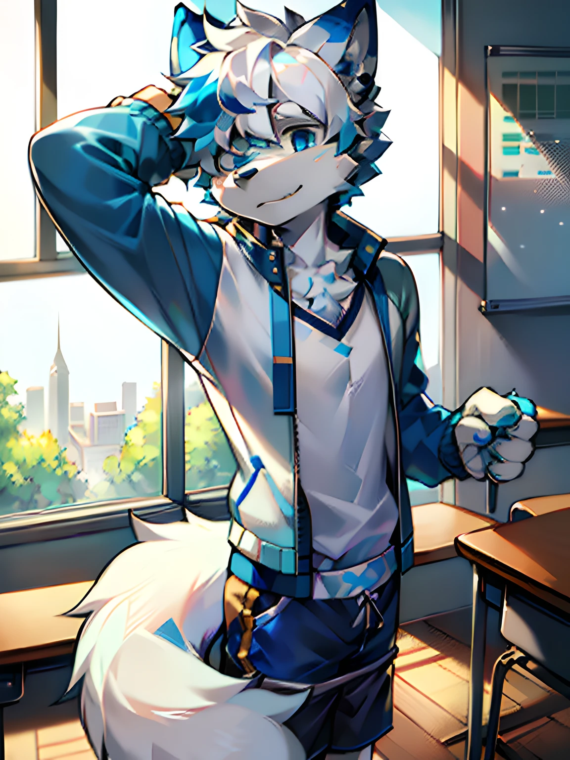 eyes with brightness, in a panoramic view, Character Focus Solo, shaggy, Furry male wolf, White fur for men,blue ear，Blue pattern on the face， blue color eyes, White color hair(The long），Wear blue shorts and shorts，CasualClothing，Young style，Height one meter eight，Handsome， has a tail，high school senior，‎Classroom