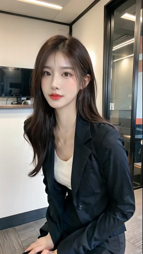 （best qualtiy，8K，32K，tmasterpiece，hyper HD：1.2），1girll，beautiful Korean women，a narrow waist，Business suit，Open jacket，office  lady，Business suit，trouser，from the front side，office room，（Stick out your chest：1.2），详细的脸，Long brown hair