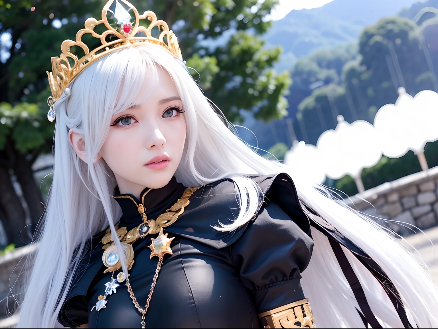 (masutepiece), Professional , ​masterpiece、top-quality、photos realistic , depth of fields （Gemstone Silver Metal Body:1.９),(Matte White、Jewel Gold Weapon、（Gorgeous castle background）、（ultimate beauty girl）、（Jewel Metal Body:1.４),Gorgeous Jewel Metal Weapons , Detailed Sword of the Brave ,（ Soldier background in metal armor）   ,warhammer 40k , adepta sororitas,Detail and ornate jewel crown、独奏、Black hair、（Gangle's forest background）、Beautiful Caucasian beauty、１a person、dynamic ungle,(((Diamond tiara with detail and luxury)))、a small face、A smile、Powerful poses、（Gorgeous castle background）、huge filesize、20 year old beautiful woman、Stand in the center of the screen、Thin female fingers、Straight long hair、Beautiful Caucasian beauty、Whole body、,Luminescent particles,light scattering,Tindall Effect、