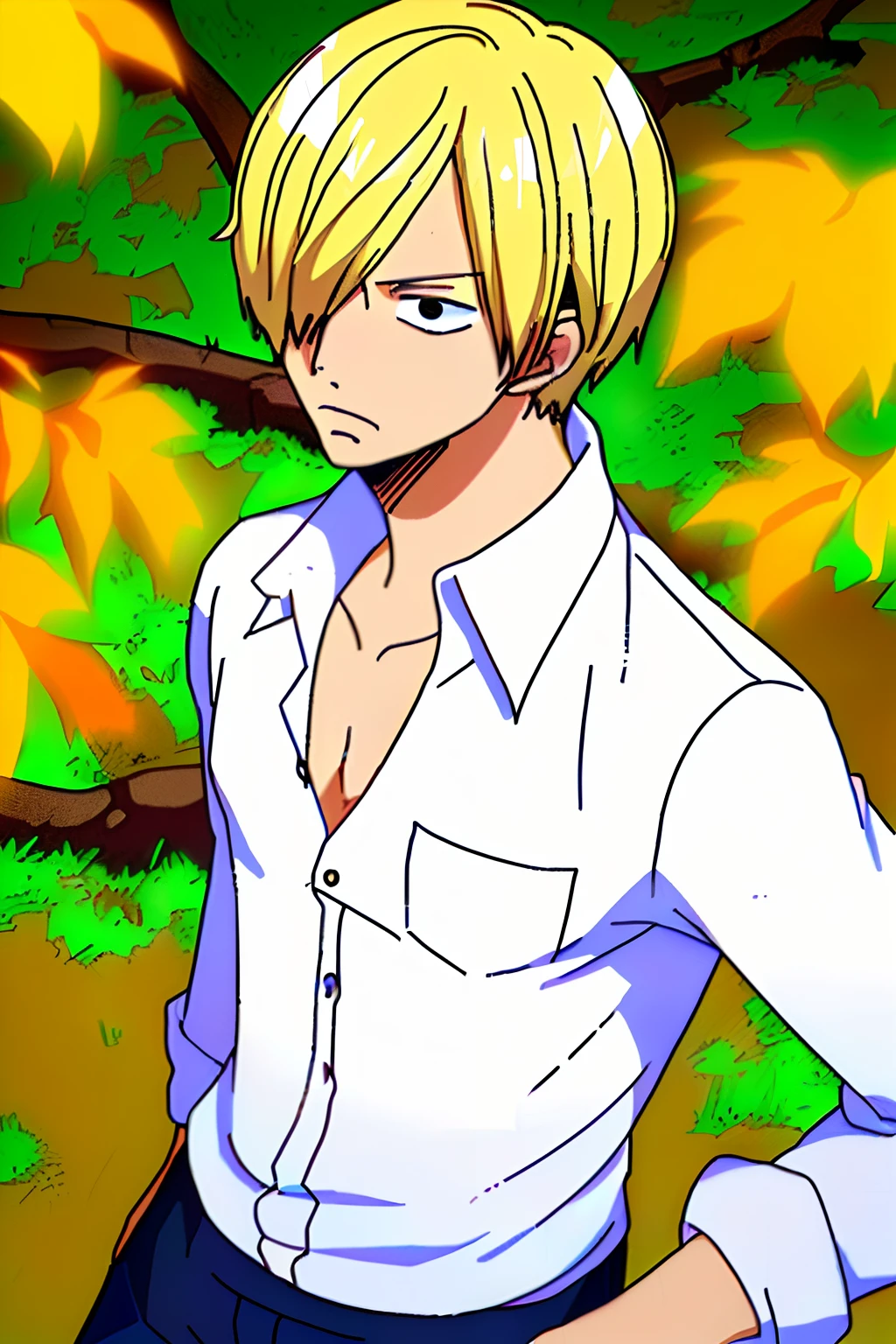 1 Man, blonde hair fallen in sanji eye, white button long sleeve shirt,