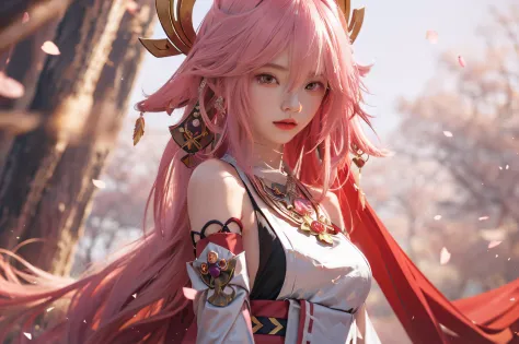 Long pink hair，Anime girl wearing a crown，Yae Miko，Anime goddess，《the original god》Yae Miko，looking at viewert，red color eyes，（realisticlying：1.4）