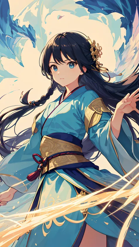 ((tmasterpiece))), Best Picture Quality, high definition detail, Dream illustration, Soft and beautiful, Dynamic angle, Look up at a beautiful young girl，Float in the deep blue fantasy air, A pair of beautiful and delicate eyes,, black color hair, Double t...