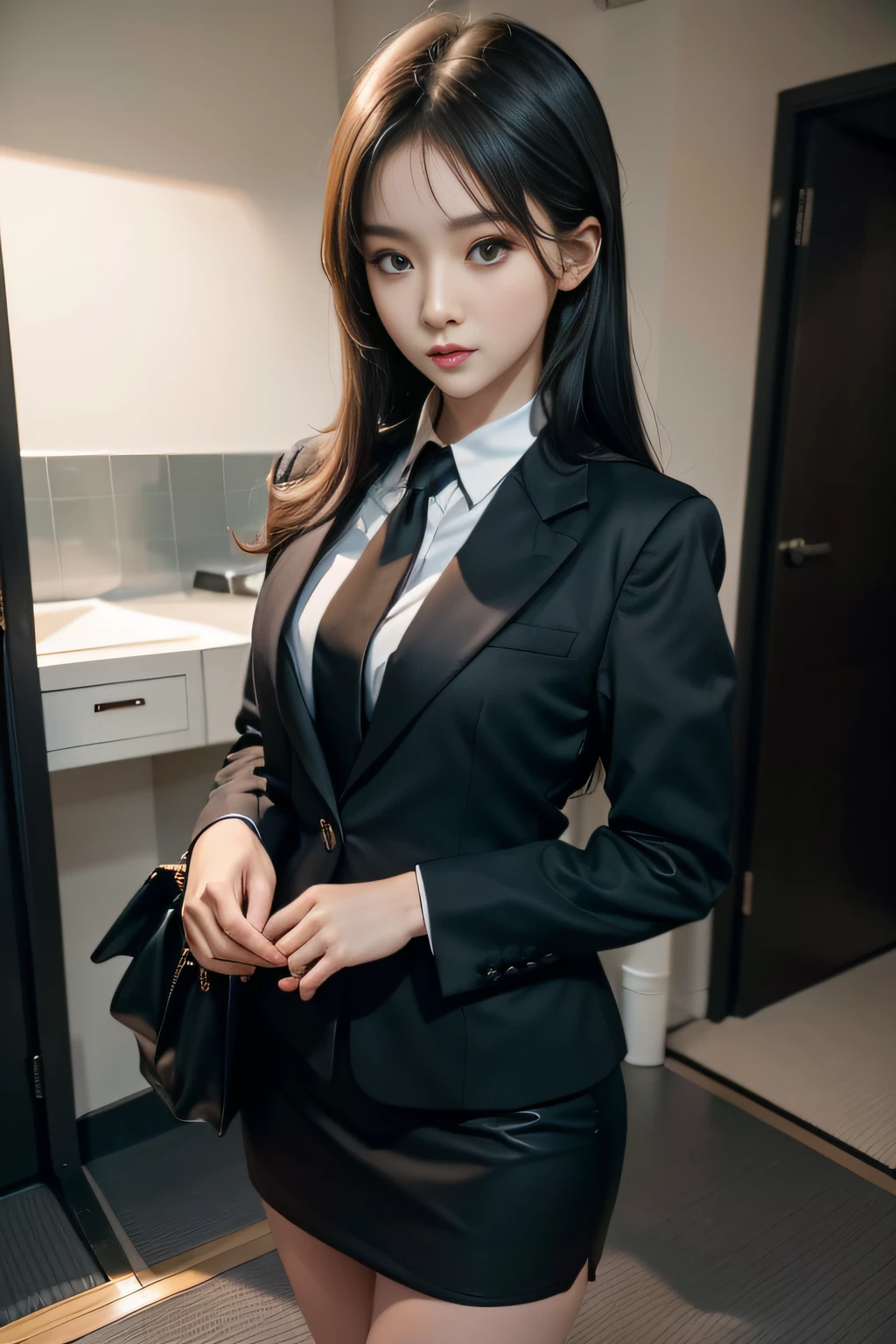 1 Girl, (Watch Viewer), (Bokeh: 1.1), Parted Lips, Expressionless, Realistic, Black Tight Mini Skirt,
business suit, OL, thin thighs, small buttocks, beautiful legs, delicate, Japan fashion model, thin face,
Best quality, (photorealistic: 1.4), ultra high resolution, big mini skirt, black suit and tie woman, suit girl, suit girl, strict business suit wearing, business suit wearing, business suit wearing, black business suit wearing, Japan woman fashion model, black business suit wearing, fashion suit wearing black suit wearing black noble suit, Business suit wearing, black slim clothes, woman posing for photo, beautiful Japan girl face, asian beautiful face, young cute one asian face, beautiful asian girl, girl cute little face, beautiful young korean woman, Japan facial features, young adorable korean face, gorgeous young korean woman, young asian girl, beautiful korean woman, Beautiful asian young woman, standing facing forward, composition visible from above knees to head, knees visible, camera gaze, standing, full body shot, hyperrealistic, front shot full body, bare feet, (face only LoRA applied, bare feet)