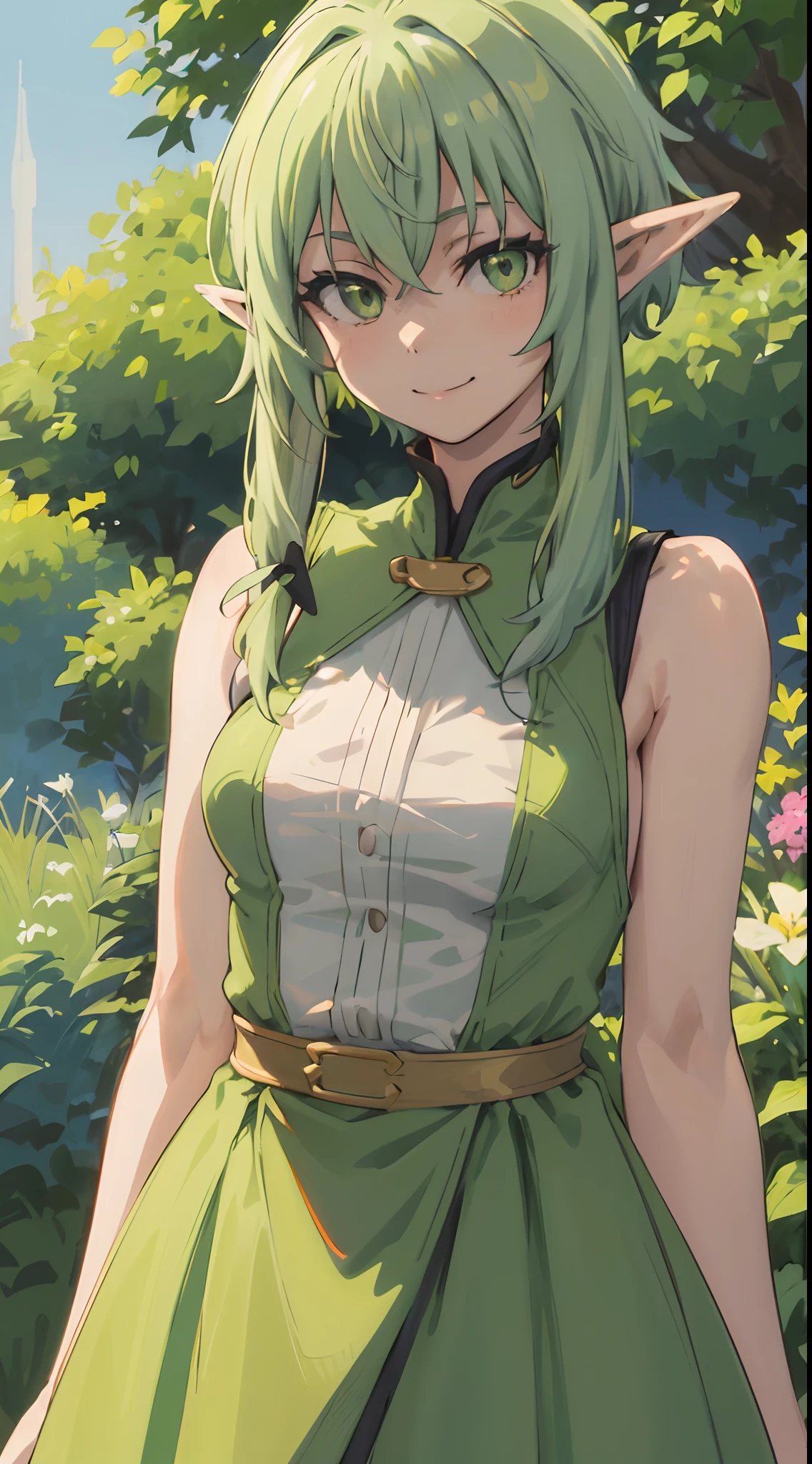 best quality, (masterpiece:1.2), detailed,
1girl, solo, closed mouth, smile, pointy ears,
green hair, green eyes, short hair, short hair with long locks, 
green dress, sleeveless dress,
standing, looking at the viewer,
outdoors, (((standing, upper body))), nsfw