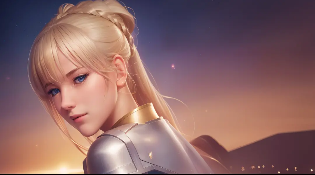 (1 girl, slim body, blushing face, wearing armor, sparkling eyes, ponytail blonde hair, praire background), nice perfect face wi...