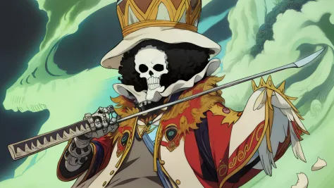 One piece, black afro hairstyle, bone character, all skeleton,