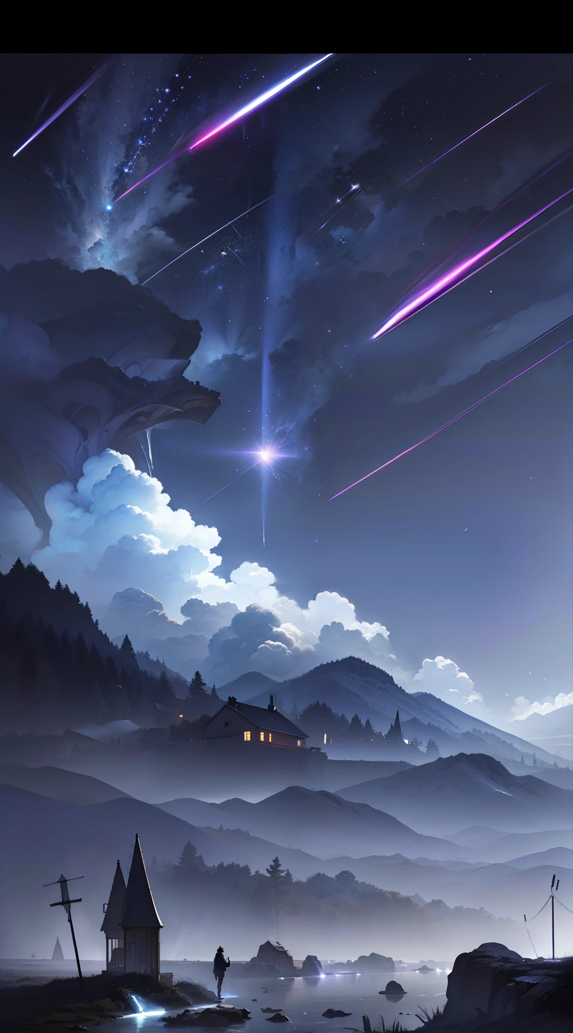 Mobile desktop wallpaper：Shining starry sky，Bright moon，Fluttering light clouds，Shine meteors，Aesthetic painting，Beautiful composition，Concise images，Dark style，Extremely colorful，small stream，Disaster atmosphere