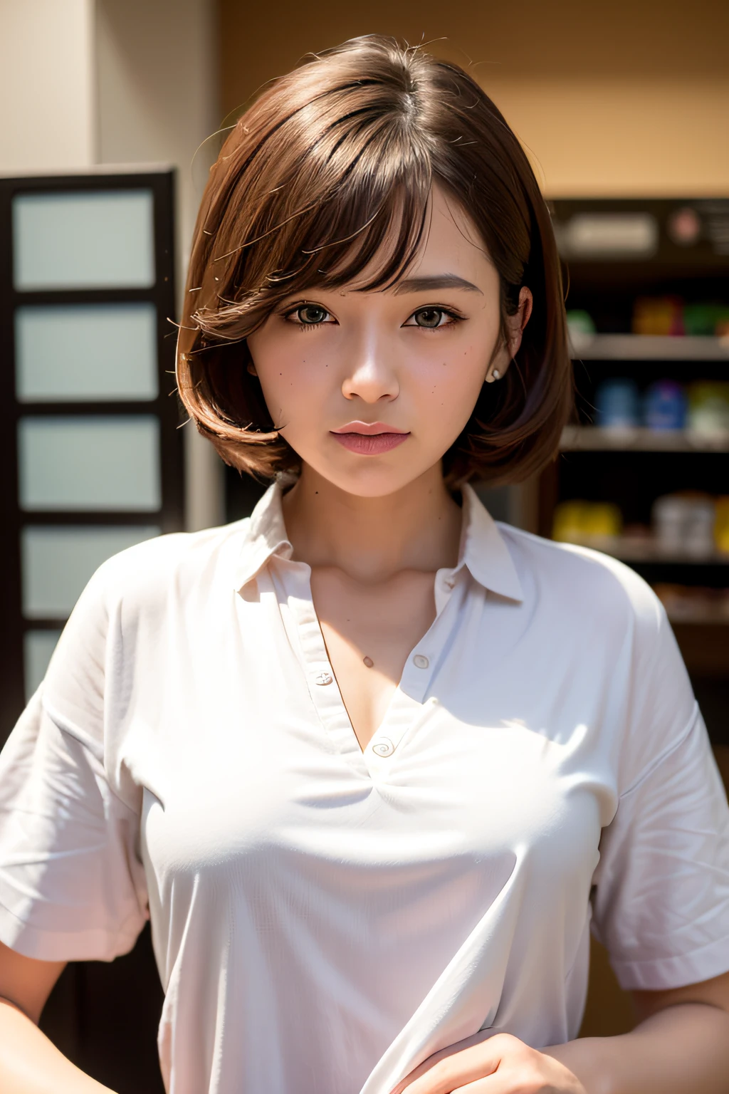 (Supermarket:1), mid afternoon, Doctor Gown, Short hair with light brown fringes, Light brown eyes, 1girll, Innocent, (Photorealistic), (Intricate details:1.2),(Masterpiece, :1.3),(Best quality:1.4), (超高分辨率:1.2), 超高分辨率, (Detailed eyes), (Detailed facial features), hdr, 8K resolution, (Lens flare:0.7), Turn around, Busy with inspection reports, face viwer, drshe