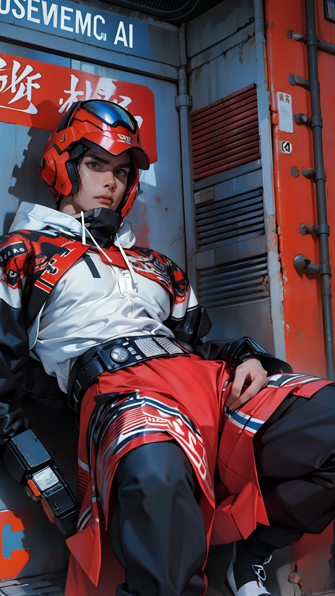 A tall muscular boy , Naked , Legs spread , （The whole body of the character），impact , Sweaty , Wet , Seductive , Bigboobs , large bulge , big balls ,, From the knees , big assa，mechs，punky style，Wu Yifan