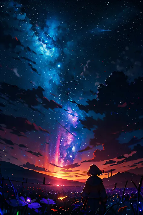 A wide landscape photo, (viewed from below, the sky is above, and the open field is below), (a girl standing on a flower field looking up), (full moon: 1.2), (meteor: 0.9), (nebula: 1.3), distant mountains , Trees,Crafting Art, (Warm Light: 1.2), (Firefly:...