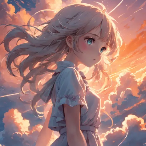 "Masterpiece, exceptional quality, cinematic shot of a girl, ethereal cloud-like figure suspended in the sky, captivating close-up, vividly illuminated with a warm soft glow, set during a beautiful sunset, with gentle sparks of magic: 0.7."