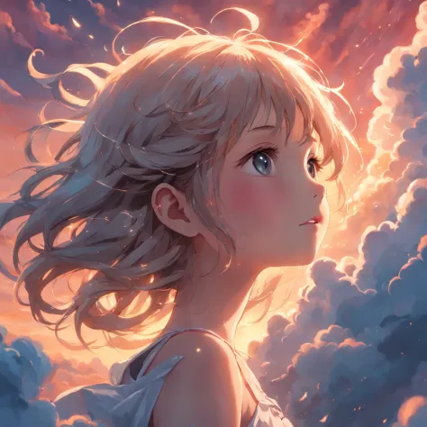 "Masterpiece, exceptional quality, cinematic shot of a girl, ethereal cloud-like figure suspended in the sky, captivating close-up, vividly illuminated with a warm soft glow, set during a beautiful sunset, with gentle sparks of magic: 0.7."