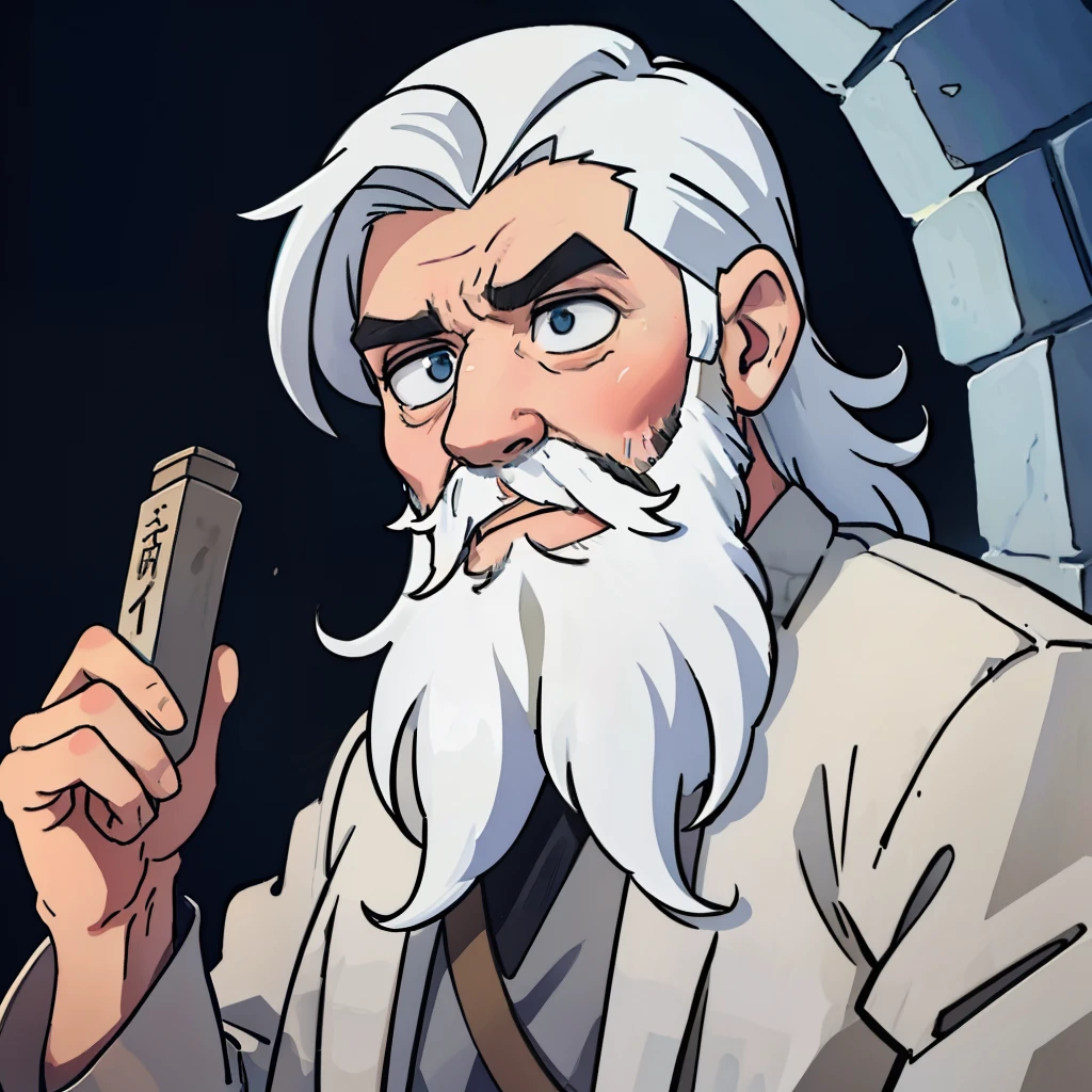 رجل عجوز ذو شعر أبيض ولحية طويلة，التعبير بالصدمة，وخلفه شاهدة حجرية ضخمة