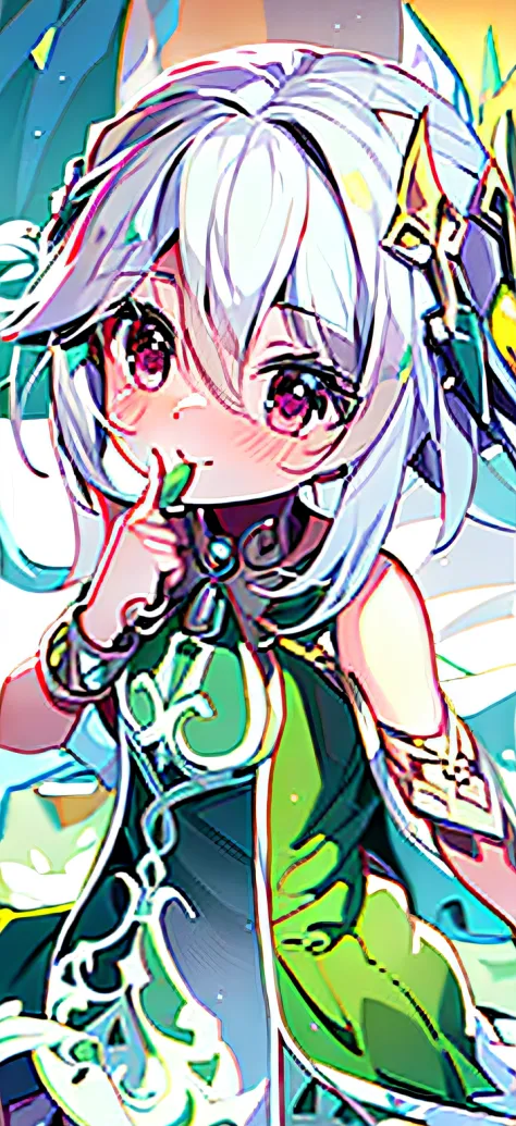 close-up of a man in a green and white dress, splash art anime loli, anime visual of a cute girl, cute round green slanted eyes,...