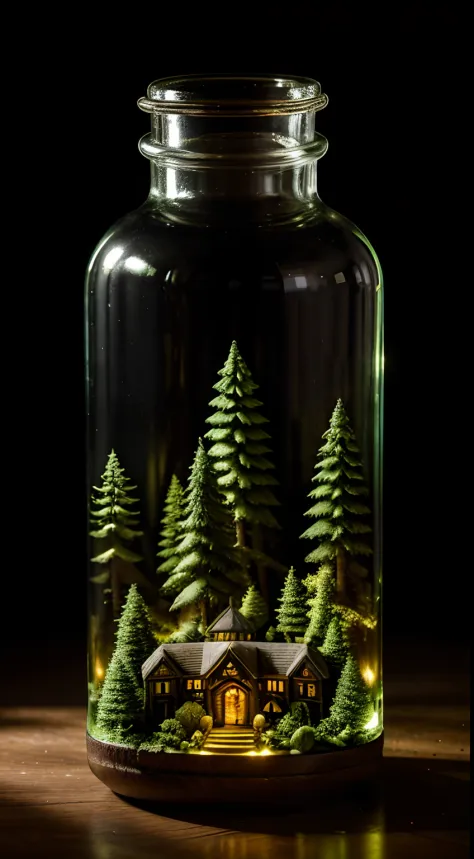 (Intricate forest mini town landscape trapped in a bottle), Atmospheric Oliva lighting, On a table, 4K Ultra HD, Dark vibes, ultra - detailed, Bright colors forest background, Epic composition, rendering by octane, Sharp focus, High-resolution isometric dr...