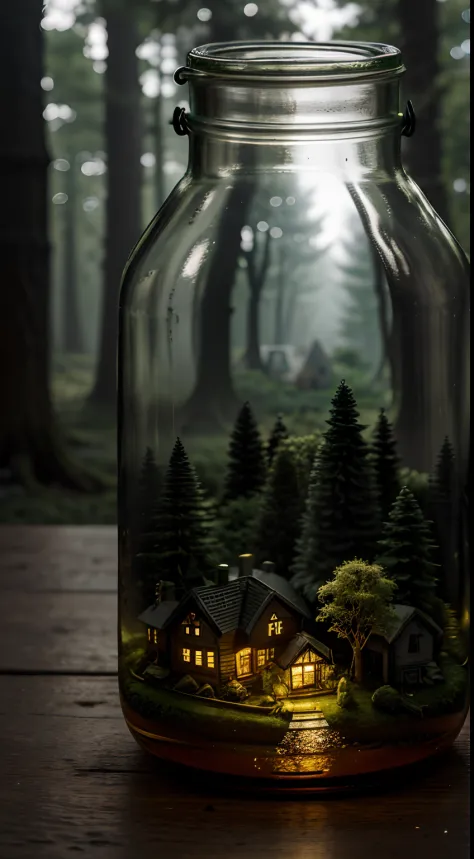 (Intricate forest mini town landscape trapped in a bottle), Atmospheric Oliva lighting, On a table, 4K Ultra HD, Dark vibes, ultra - detailed, Bright colors forest background, Epic composition, rendering by octane, Sharp focus, High-resolution isometric dr...