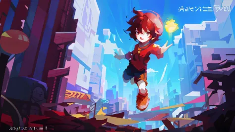 cartoon boy in red shirt flying over the city, style of duelyst, hero pose colorful city lighting, animation style render, hero ...