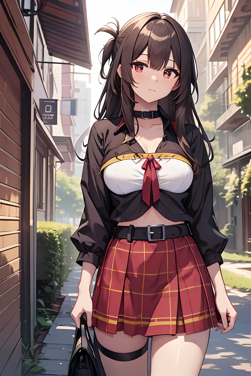 megumin, kono subarashii sekai ni shukufuku wo!, GIRL, (Masterpiece: 1.1), (Best Quality: 1.1), Upper Body Bikini, (White Bikini: 1.1), (Plaid Skirt: 1.1), High Waist Skirt, Blake [Green Grass: Pink, :0.5] Themed, (Urban Background: 1.1), Denim Lenses, Blake Silver, Long, Green Eye, Landscape,