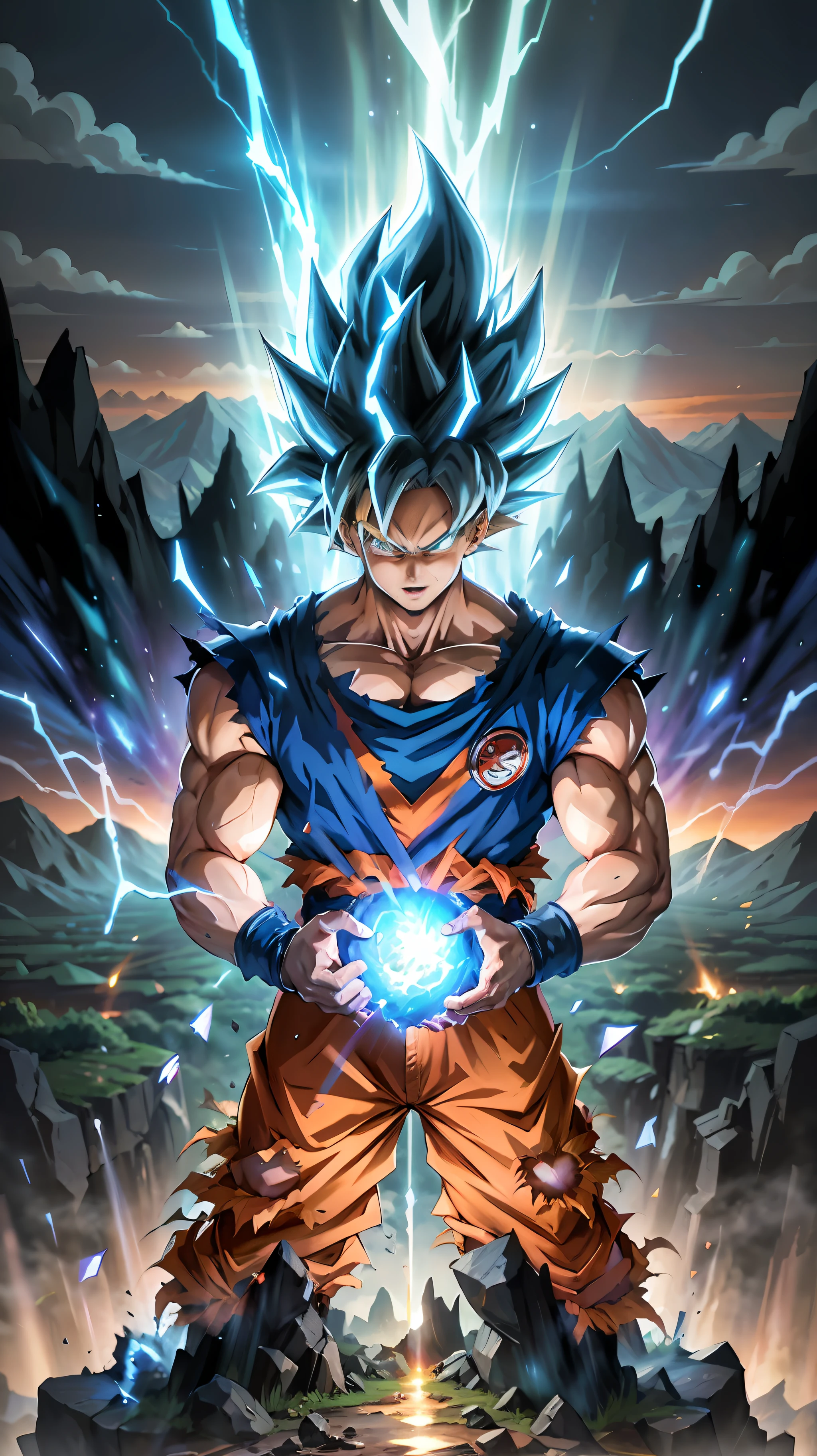 Super Saiyan Goku libère une énorme vague d&#39;énergie alors qu&#39;il se tient au sommet d&#39;une montagne, les environs sont remplis de verdure luxuriante, et le ciel est un mélange de teintes orange et violettes. La vague d&#39;énergie est d&#39;un bleu vif entourée d&#39;étincelles électriques.. (animé:1.2), (Éclairage dramatique:1.1), (couleurs vives:1.3), (cellule ombragée:1.1), (composition dynamique:1.2)
