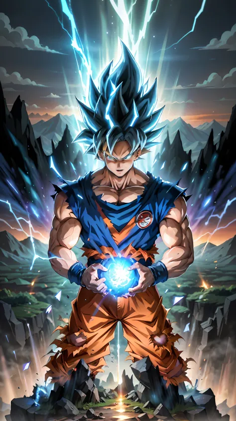 Super Saiyan Goku unleashes a massive energy wave while standing on top of a mountain, the surroundings are filled with lush gre...