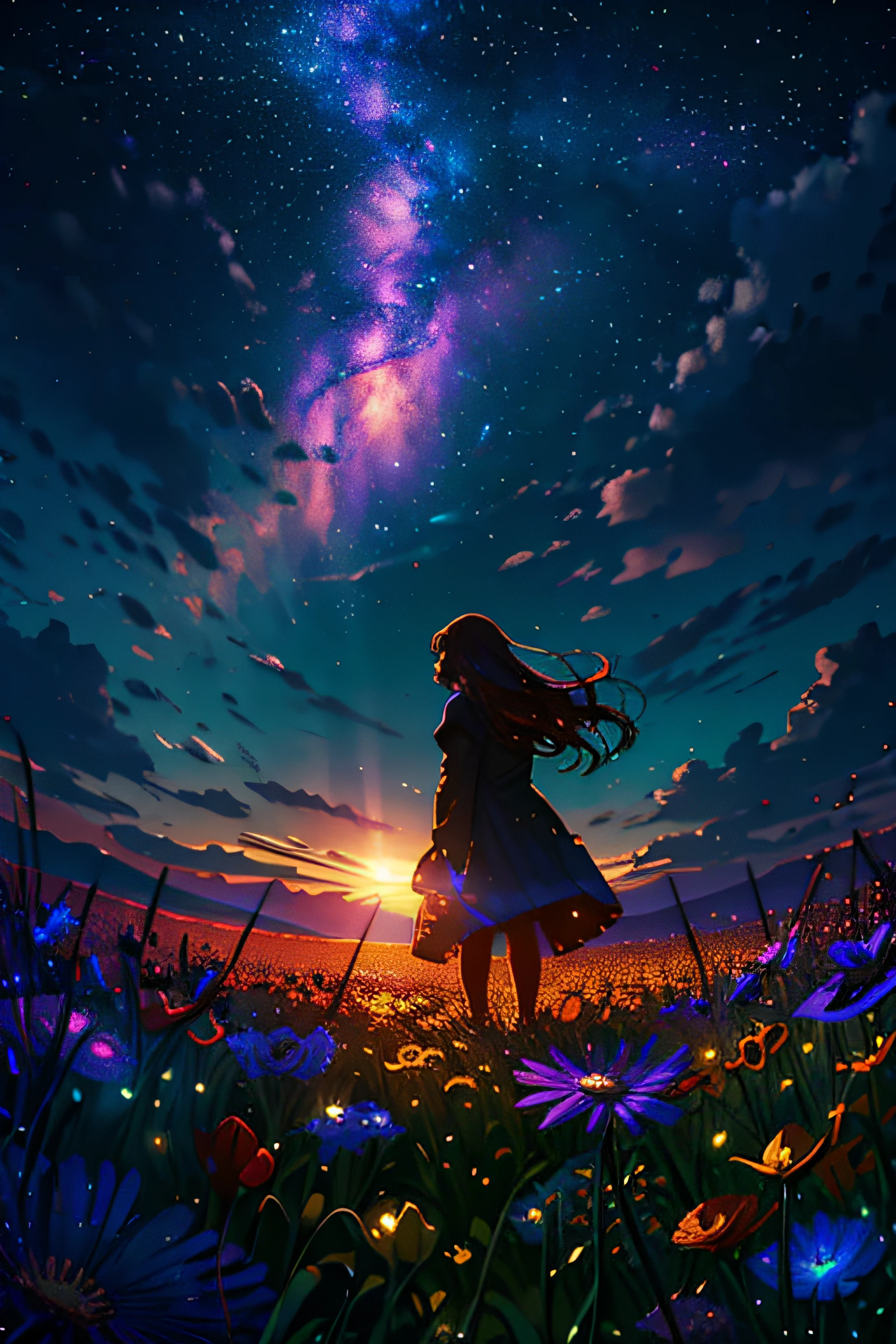 A wide landscape photo, (viewed from below, the sky is above, and the open field is below), ((a girl standing on a flower field looking up)), long hair, long skirt, (full moon: 1.2), (meteor: 0.9), (nebula: 1.3), distant mountains , Trees,Crafting Art, (Warm Light: 1.2), (Firefly: 1.2), Lights, Lots of Purple and Orange, Intricate Details, Volumetric Lighting BREAK (Masterpiece: 1.2), (Best Quality), 4k, Ultra Detailed, (Dynamic Composition: 1.4), Rich in Detail and Color, (Rainbow Color: 1.2), (Glow, Atmospheric Lighting), Dreamy, Magical, (Solo: 1.2)