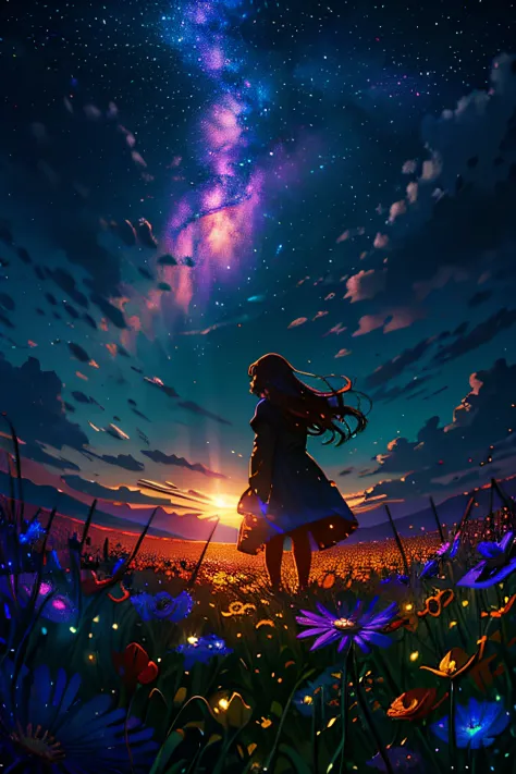 A wide landscape photo, (viewed from below, the sky is above, and the open field is below), ((a girl standing on a flower field ...
