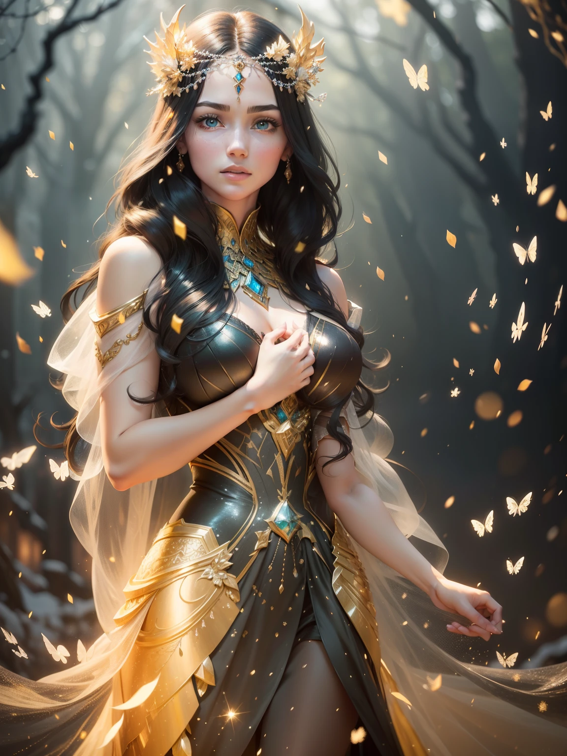 A graceful black-haired winter queen, dew and frost, bar lighting, stands in a sunlit clearing in winter, her braded drill hair cascading down her back, as butterflies and ice crystals flutter around her, hyper-detailed black Chiaroscuro  dress and hair, ice-pink blue and yellow butterflies, Beautiful Woman full head-to-toe portrait, medium full shot Portrait, perfect detailed face, detailed symmetric blue-green eyes with circular iris soft natural lighting, symmetrical, natural skin texture, soft lighting, detailed face, photorealism, soft pastel colors sparkling, looking into the camera, frosty snowy background, photorealistic painting, sharp focus, 8k, perfect composition, trending on artstation, award-winning photograph, unreal engine 5, cinematic smooth, intricate detail, studio photo, highly detailed. simple background, gold filigree dress hyper-detail, gesturing to the sun, flowing black gown, nice body, {{full body}}, Davinci, hair with dew and frost, sunlit, sparkles and frost