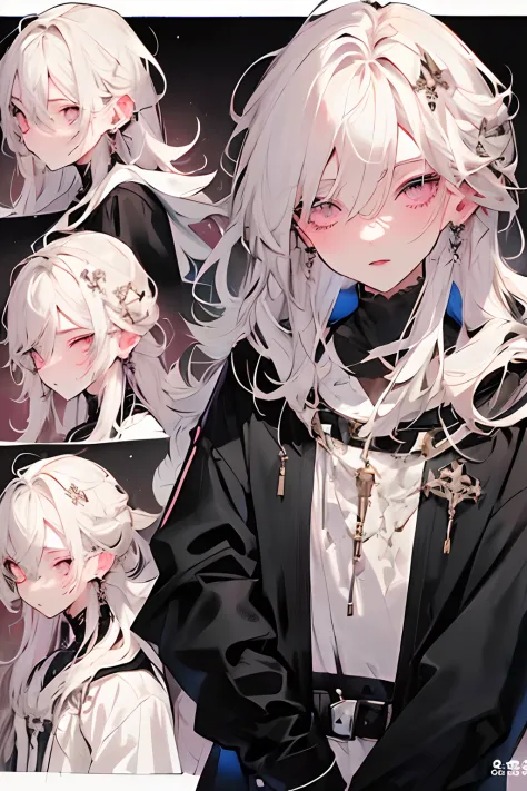 8K, masterpiece, best quality, night, ((1 boy)), white dull eyes, long white fluffy hair, cute face, noble clothes, expressionle...