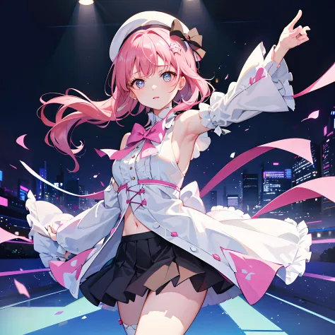 1girll，solo｝White knee-length socks，broad white blouse，Pink shawl  coat，pleatedskirt，Bare shoulders，A pink-haired，Long messy hair，right side  braid，Hair tied on the right side，Red bow tie，red waistband，White  berets，Stage，Lively and cute