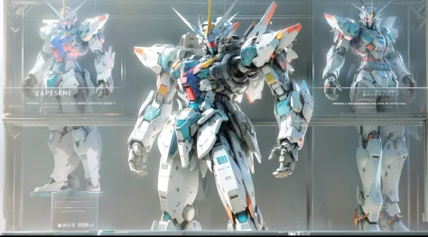 Clear glass Gundam robot, Silver ice reflective armor, High detail up to robot face, Full body view, Holographic artifacts, Each section is very detailed, High quality, 3D rendering of