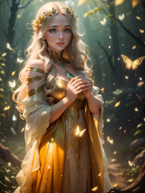 A graceful golden-haired forest queen, dew and frost, bar lighting, stands in a sunlit clearing in winter, her hair cascading down her back, as butterflies and dandelion spores flutter around her, Beautiful Woman full head-to-toe portrait, medium full shot...