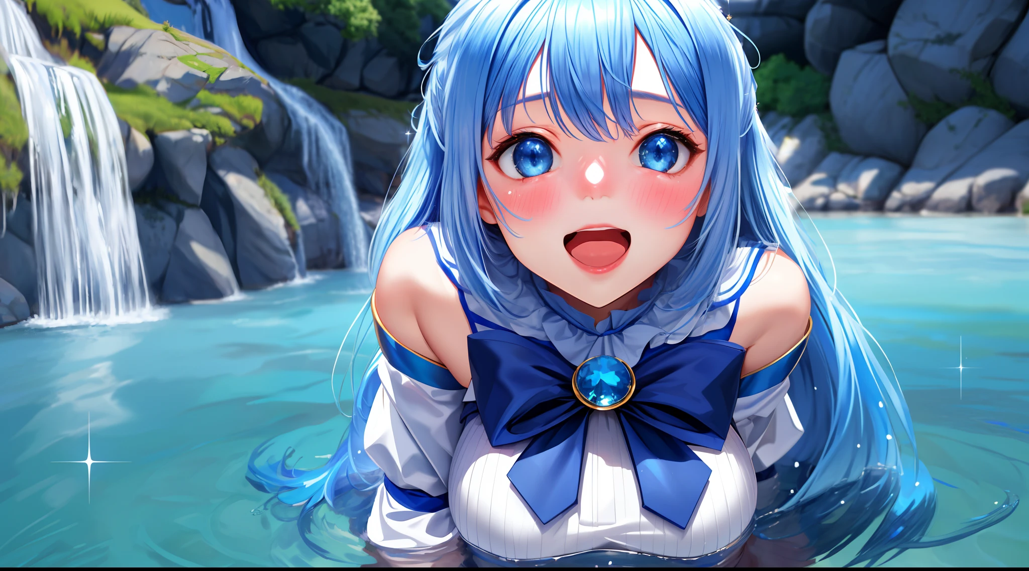 (1girl, realistic, blush, open mouth, wearing blue outfit, sparkling blue eyes, light blue hair, blue river background), 8k resolution, masterpiece,