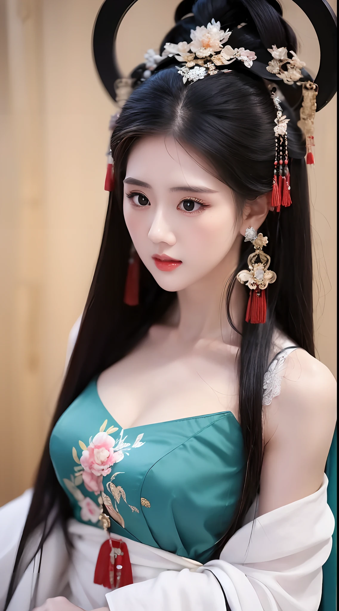 1 realistic beautiful girl, waist length hair, black eyes, long neck dress, hanfu style, wearing Chinese traditional clothes, smooth pinkish white skin, wear a necklace, wearing a discreet neck long dress, shoulders and head appear in photo, cute little face, puffy eyes under wet makeup, red lips, shut up, well-proportioned front teeth, shy, small face with meticulous and very beautiful makeup , smooth skin, very beautiful breasts, Big breasts are very round, breast augmentation, camisole inner cover girl's breasts, blusher, front view, earrings, necklace, top high, looking at viewer, upturned eyes, full body, masterpiece, top quality, best quality , official art, united wallpaper 8k, high resolution, ultra high definition, ultra detail, (photorealistic:1.2), alone, solo, Only 1 girl, Dunhuang hanfu style, 10x pixels, surreal, ultra high quality, full girl body, upper body