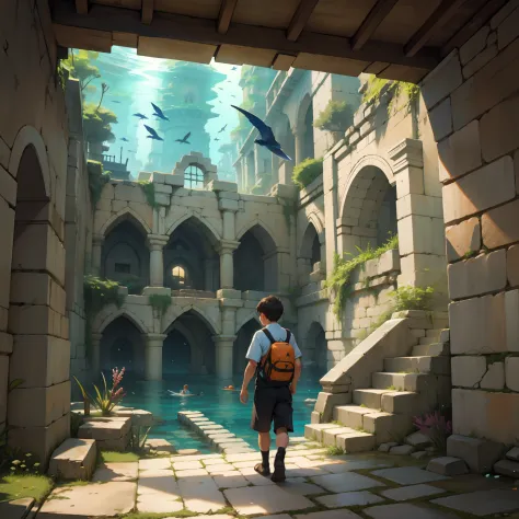 A boy swims，An ancient city under the sea
