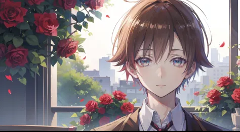 (masutepiece),1boy ,ayakoji, cool hair, beautiful eyes ,holding a bouquet of roses, looking at view, portrait,quiet smile ,party...