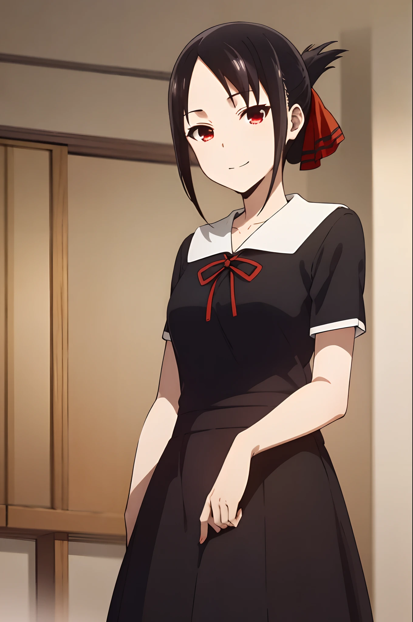 best quality, (masterpiece:1.2), detailed,
shinomiya kaguya,
1girl, solo, closed mouth, light smile,
black hair, red eyes, short hair, folded ponytail, hair ribbon, elegant clothes, red ribbon,
standing, looking at the viewer, medium breasts, ((upper body)),