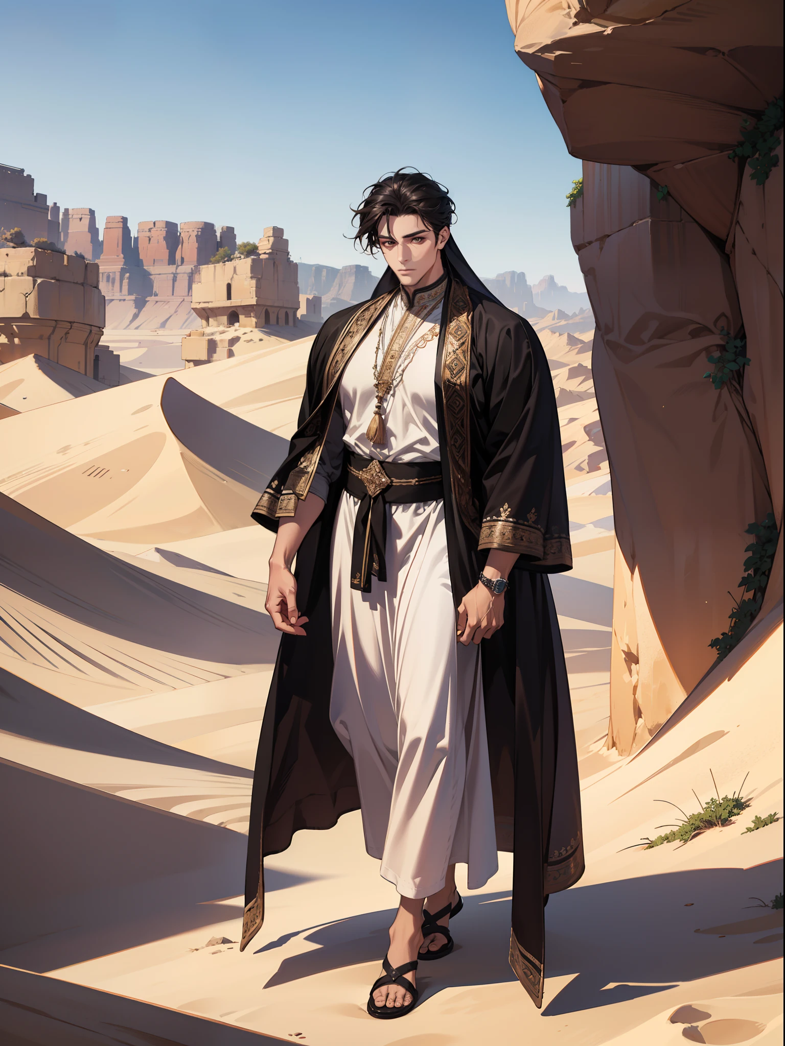 (absurdres, highres, ultra detailed), 1 male, adult, handsome, tall muscular guy, broad shoulders, finely detailed eyes and detailed face, desert, full body, middle eastern clothes, short black hair, brown eyes, focused on scenery, a guy starting journey