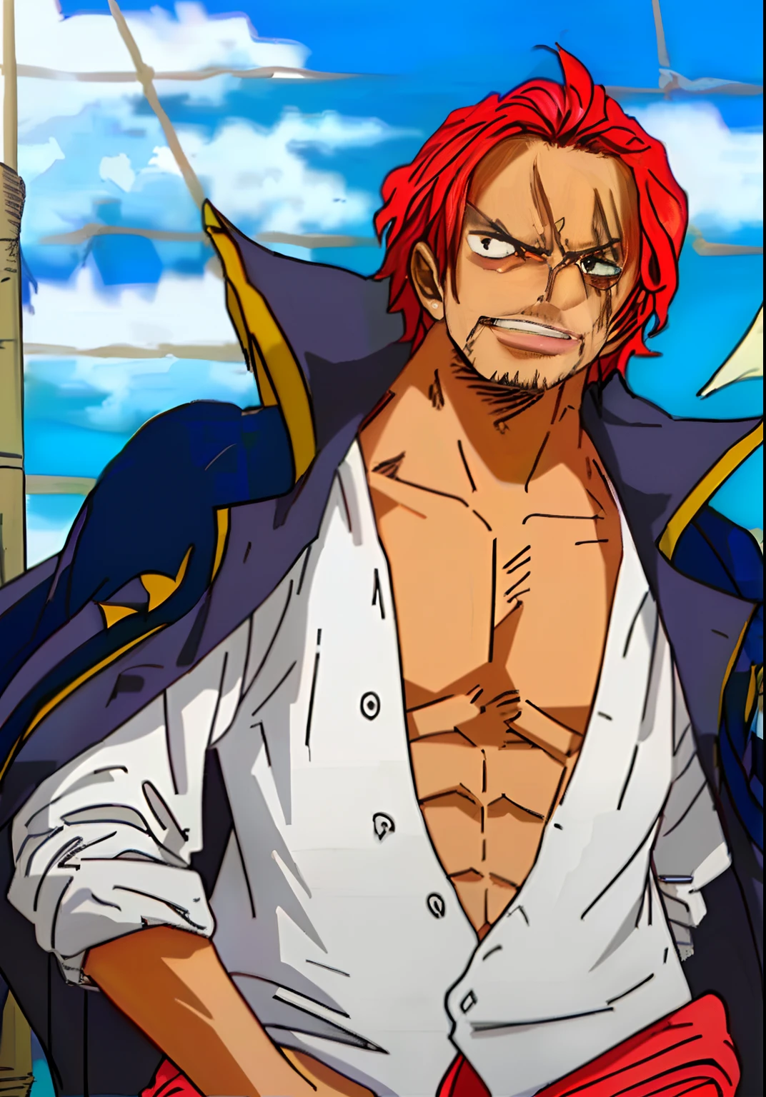 （tmasterpiece，best qualityer），intricately details，
 1 man，Shanks， red hair，(One-armed)，Dynamic poses and shots， scars in the face， short detailed hair， white  shirt， malefocus， Open your clothes， collared shir， trouser， cloaks， Manteau， open shirts， Facial hair， a scar， chest muscle， Partial unbuckling， nedium breasts， coat on shoulders，((Wooden pirate ship)) ， swell sea，