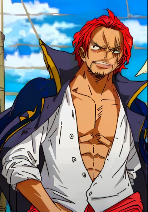 （tmasterpiece，best qualityer），intricately details，
 1 man，shanks， red hair，(one-armed)，dynamic poses and shots， scars in the fac...