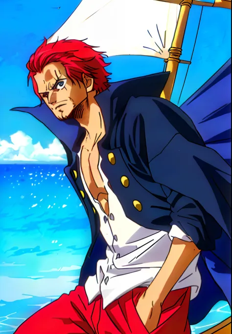 （tmasterpiece，best qualityer），intricately details，
 1 man，shanks， red hair，(one-armed)，dynamic poses and shots， scars in the fac...