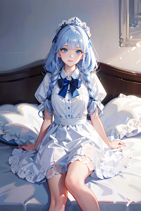 On a very large white bed, white pillows, White light, There is one girl, Sit on the bed, Wearing a white princess dress, White ...
