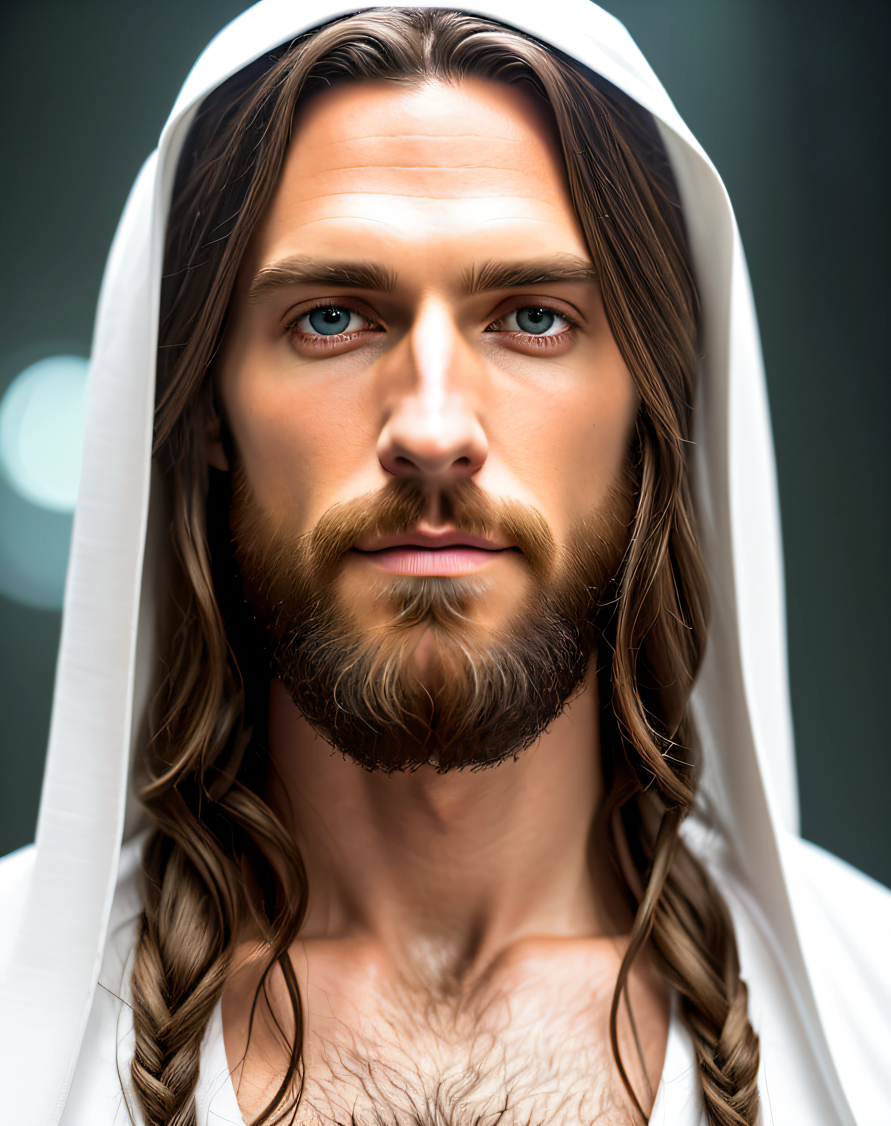 (Symmetrie),Zentriert,A ((Schließen)) up portrAit,(Jesus),A very thin white mAn with long hAir And A beArd,weAring A long white robe,35mm,nAturAl skin,clothes  detAil, 8k Textur, 8k, insAne detAils, intricAte detAils, hyperdetAiledhighly detAiled,reAlistic,soft cinemAtic light,HDR,shArp focus, ((((cinemAtic look)))),intricAte, elegAnt, highly detAiled