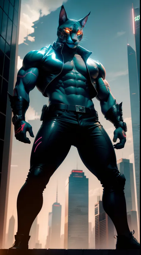 gangster, human-body, muscle, caracal-face, skyscrapers, neon-blinking, motorbike-behind, cool